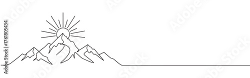 Mountains and sun continuous one line drawing. Hand drawn sunset panoramic view.