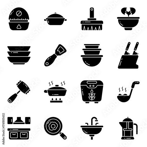 Set of Kitchen Instruments Solid Icons