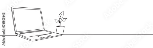 Continuous one-line drawing of an open laptop next to a potted plant, symbolizing sustainable technology, growth, and work-life balance in a minimalist style.