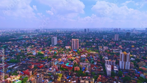 Aerial Drone View of Kolkata City Skyline with Urban Buildings and Busy Streets