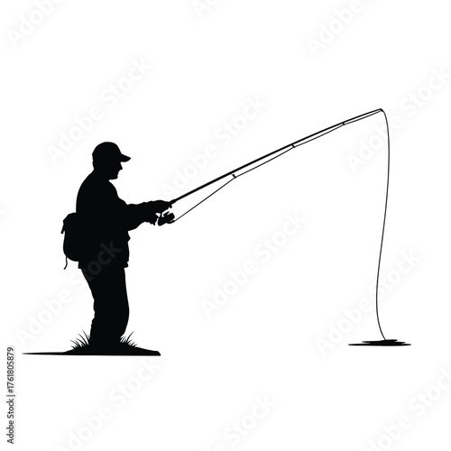 Silhouette of a fisherman casting a line into water with rod and reel vector