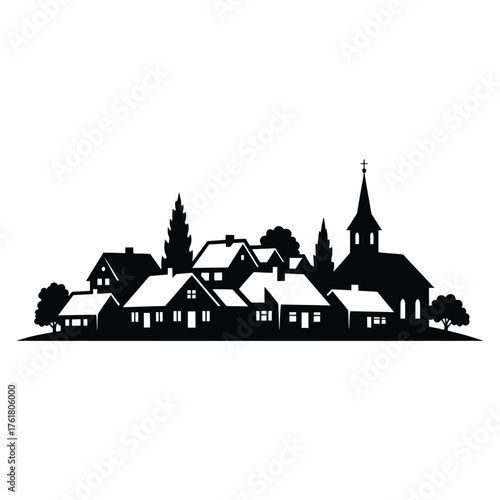 Charming village silhouette houses churches and trees scenic ambiance for design projects vector