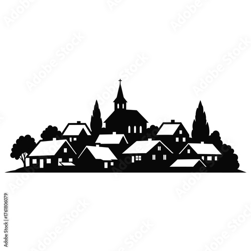 Charming silhouette village scene with church and trees rural landscape design element vector
