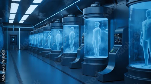 Futuristic Human Cloning Facility with Glowing Blue Pods and Human Forms.