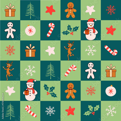 Christmas holiday pattern and seamless cartoon Santa Claus with festive elements such as tree, snow, presents, deer and snowman suitable for fabric and paper designs.