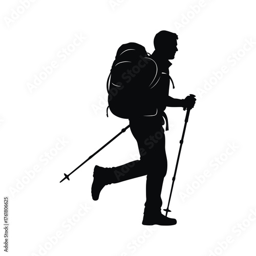 Silhouette of a hiker with backpack and trekking poles in motion for outdoor adventure vector