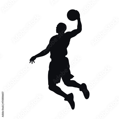 Dynamic silhouette of a basketball player slam dunking action shot captured in motion vector