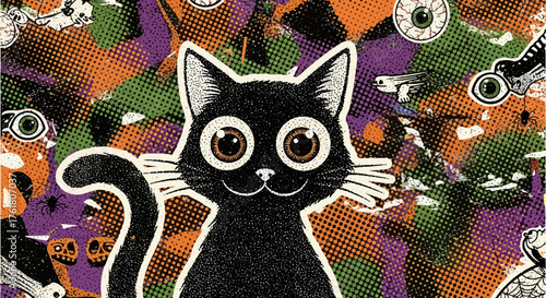 Spooky Halloween Cat Illustration with Retro Comic Book Background Design