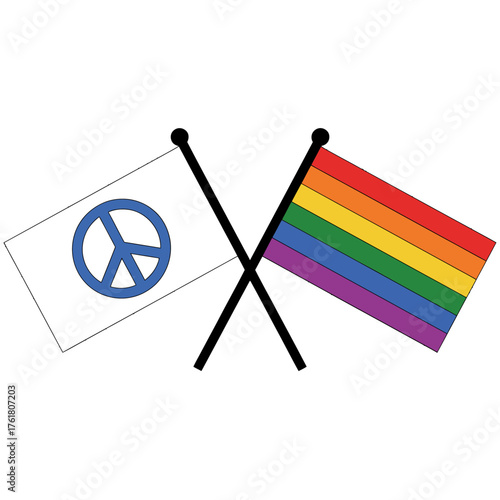 Peace flag and rainbow pride flag, crossed banners, equality message, tolerance and love, inclusive celebration, clean vector