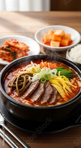 Korean Yukgaejang - Spicy Beef Soup with Vegetables and Noodles.