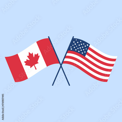 Crossed flags of Canada and United States, waving banners, friendship partnership, patriotic symbol, vector illustration, light background
