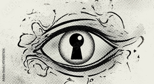 Abstract eye with keyhole in iris, halftone pattern and artistic design, a unique visual