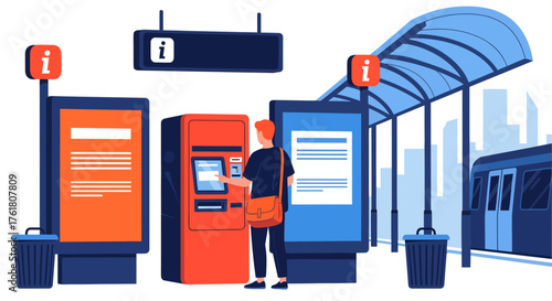 A man uses a self-service ticket machine on a modern train station platform, with information kiosks and a train visible in this flat vector illustration