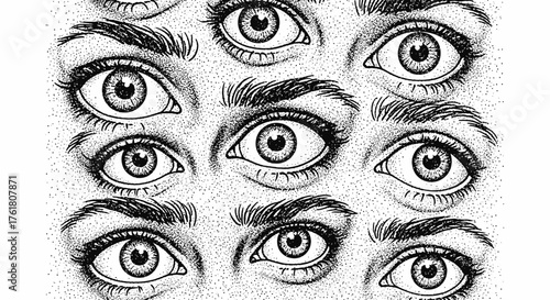 Intricate stippled drawing of multiple human eyes with detailed eyelashes and brows