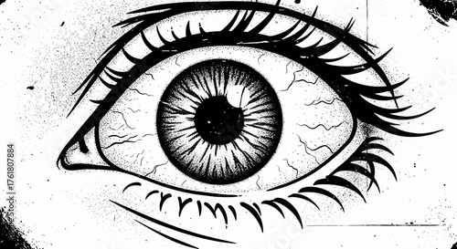 Monochrome eye illustration with intricate detail and dramatic visual impact