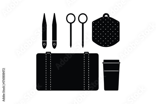 Minimalist travel and craft flat icon set, trip essentials kit