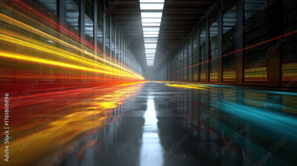 Obraz premium Data center corridor with abstract light trails and reflections