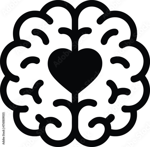 Monochrome Brain with Heart Symbol, Icon for Emotional and Mental Awareness Art