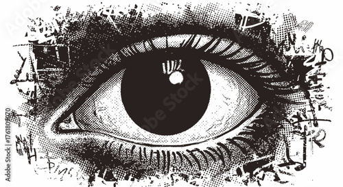 Abstract monochrome eye with grunge texture and scribbles in a artistic composition