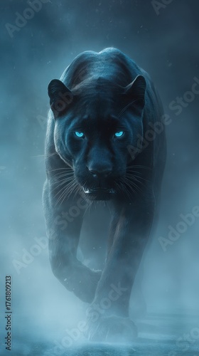 Black panther with glowing blue eyes walking in misty darkness.
