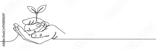 Continuous one-line drawing of hands holding a growing seedling, symbolizing protection, growth, nature, and environmental care in a minimalist style.