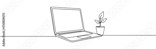 Continuous one-line drawing of an open laptop next to a potted plant, symbolizing sustainable technology, growth, and work-life balance in a minimalist style.
