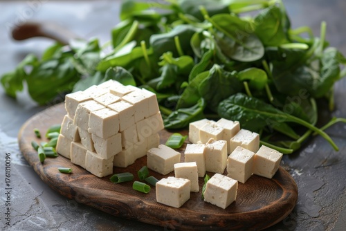 Vibrant Still Life Featuring Tofu Cubes, Fresh Greens, and Colorful Protein-rich Ingredients