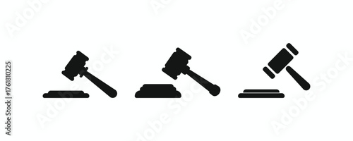Set of black silhouette icon for judge gavel. Symbol of law, justice, court, judgment, and auction vector illustration