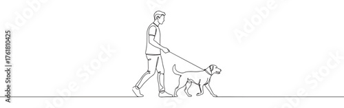 Continuous one-line drawing of a man walking a dog on a leash, illustrating pet ownership and daily routine in a fluid, minimalist style.