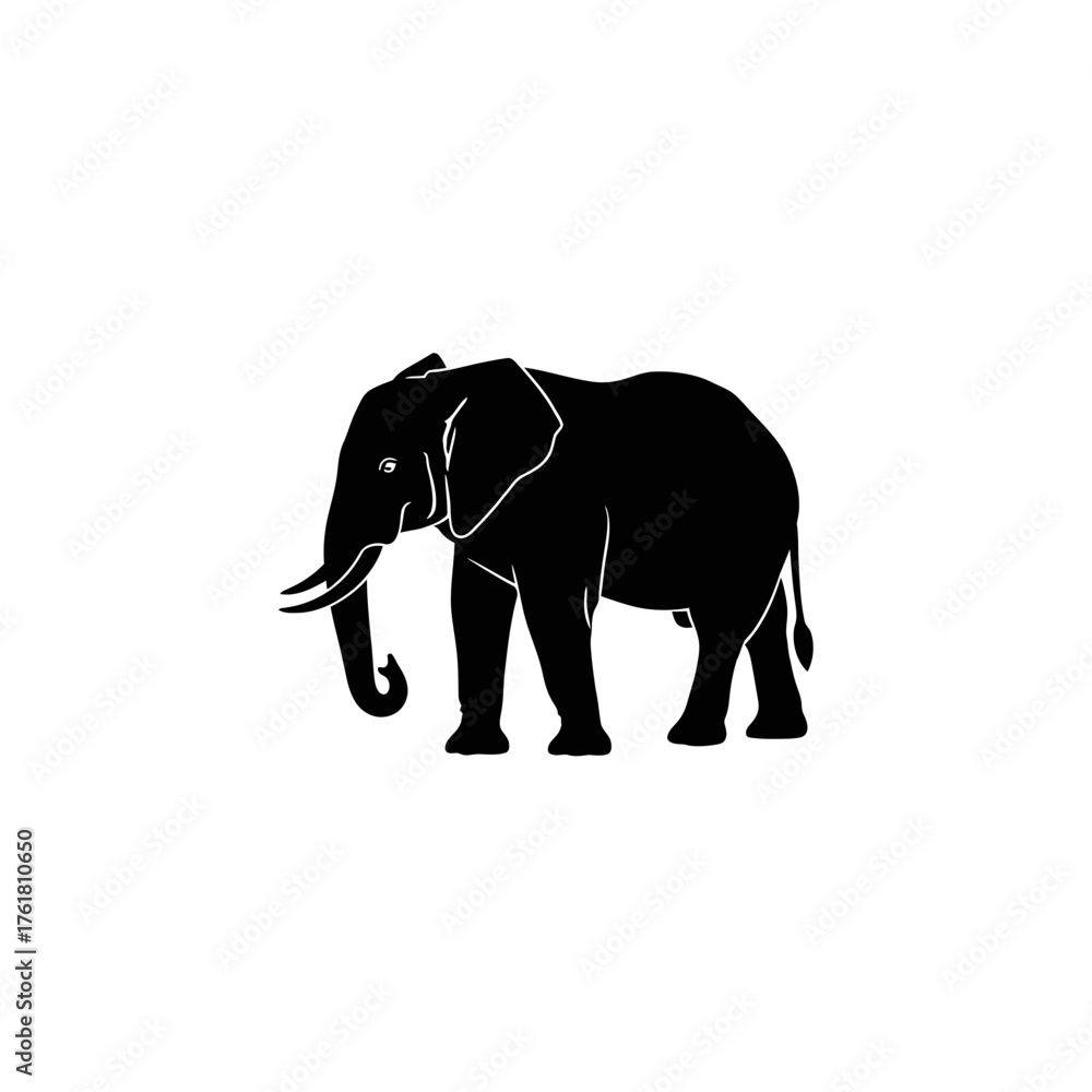 Fototapeta premium A black silhouette of an elephant standing on a white background, showcasing its tusks and large ears.