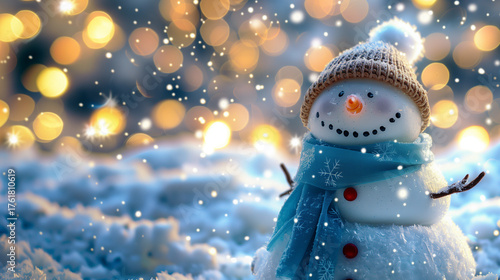 A cheerful snowman with a blue hat and scarf standing in the peaceful winter night.