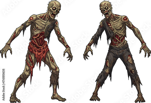 PrintCartoon zombies with decaying flesh, creepy undead monsters in tattered clothes, horror, rotting skin, apocalypse, scary Halloween character illustration