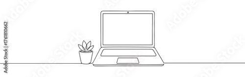 Continuous one-line drawing of an open laptop next to a potted plant, symbolizing sustainable technology, growth, and work-life balance in a minimalist style.