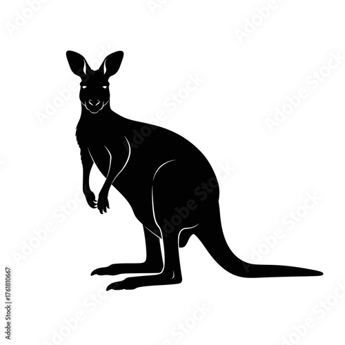 Black silhouette of a standing kangaroo, a marsupial native to Australia, depicted in a graphic style with clean lines.