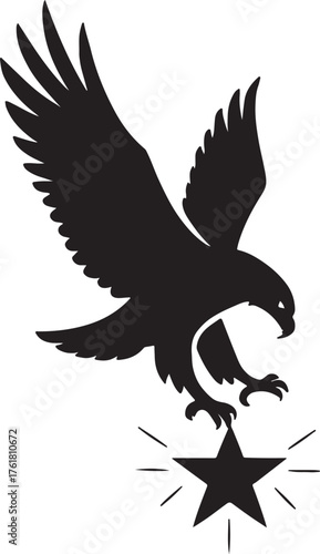 Blad eagle eith American flag print on wings diving for a patrietic ribbon. 4th july Independence Day Clipart, Emblem soaring bird usa banner image airfoil hunting red white blue band.