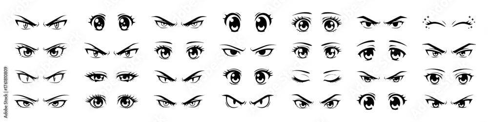 Obraz premium Large collection of black and white cartoon eyes with various expressions, perfect for animation and character design, conveying a wide range of emotions.