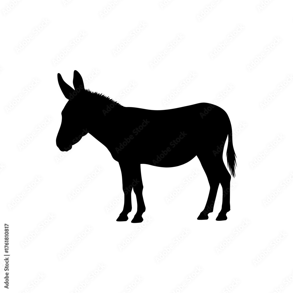 Obraz premium A simple black silhouette of a standing donkey, isolated against a plain white background.