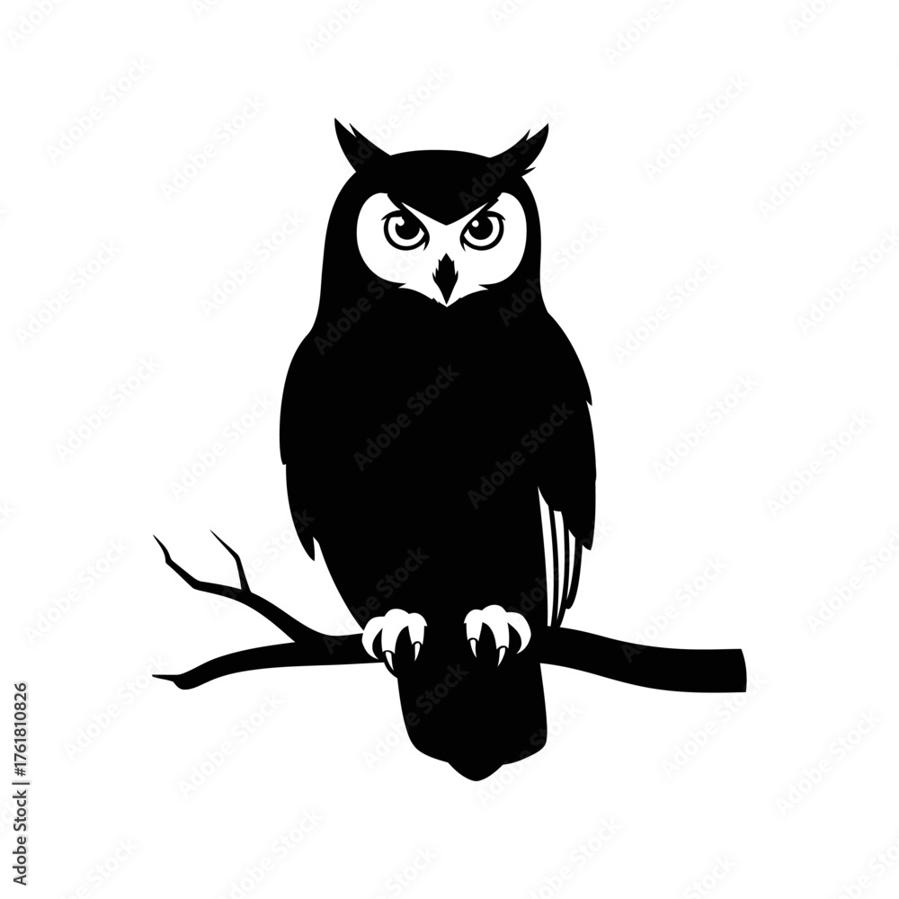 Obraz premium A silhouette of a wise owl perched on a bare tree branch against a white background.