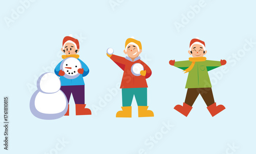 Flat vector illustration of children enjoying winter activities: building a snowman, having a snowball fight, and making snow angels. Happy kids play