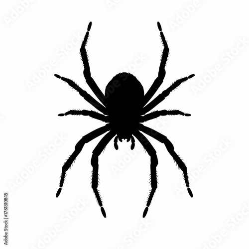 Silhouette of a spider with eight legs on a white background.