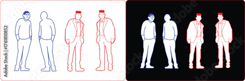 Set of four abstract male figures in simple, colored line art, presented in both positive (white) and negative (black) spaces. Features two men in casual attire and two in suits. Perfect for architect