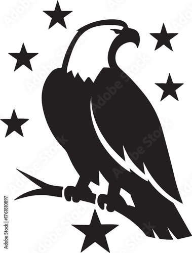Blad eagle eith American flag print on wings diving for a patrietic ribbon. 4th july Independence Day Clipart, Emblem soaring bird usa banner image airfoil hunting red white blue band.