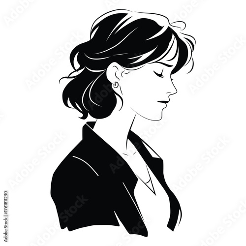 Elegant black and white line art illustration of a woman's profile with detailed hair and facial features, suitable for fashion, beauty, or artistic design themes