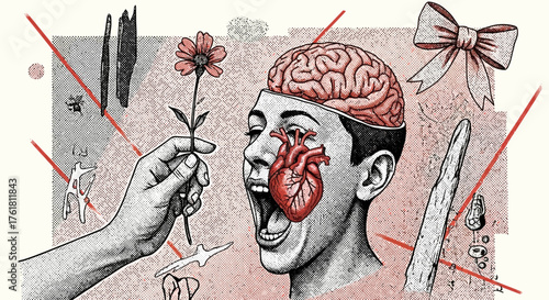 Surreal representation of human emotions with exposed brain and heart concept