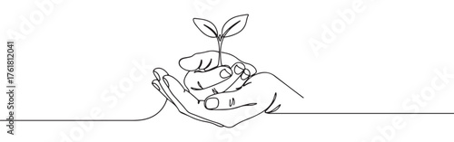 Continuous one-line drawing of hands holding a growing seedling, symbolizing protection, growth, nature, and environmental care in a minimalist style.