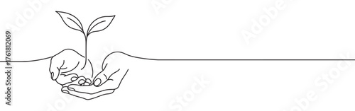 Continuous one-line drawing of hands holding a growing seedling, symbolizing protection, growth, nature, and environmental care in a minimalist style.