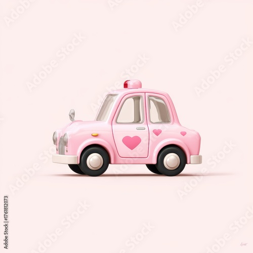 3D render of pink vintage car with heart design on pastel background