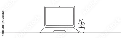Continuous one-line drawing of an open laptop next to a potted plant, symbolizing sustainable technology, growth, and work-life balance in a minimalist style.