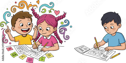 PrintHappy children solving puzzles, kids doing school worksheets, learning activities, teamwork, education, creativity, problem solving, classroom fun, cartoon illustration