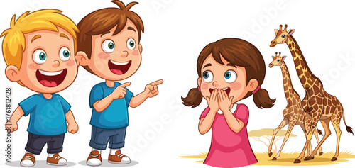 PrintHappy children surprised by giraffes, cartoon illustration of kids amazed at wild animals, zoo adventure, wildlife education, fun learning moment, nature